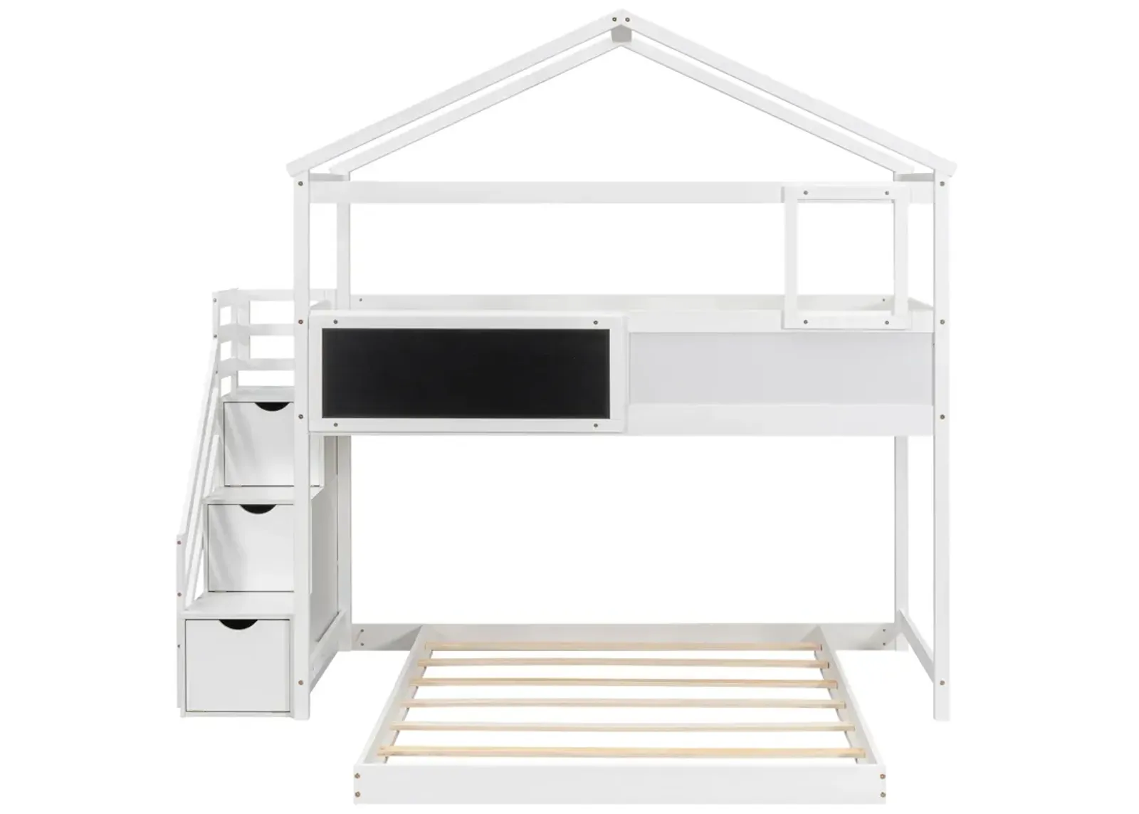 Twin Over Full House Bunk Bed With Storage Staircase And Blackboard