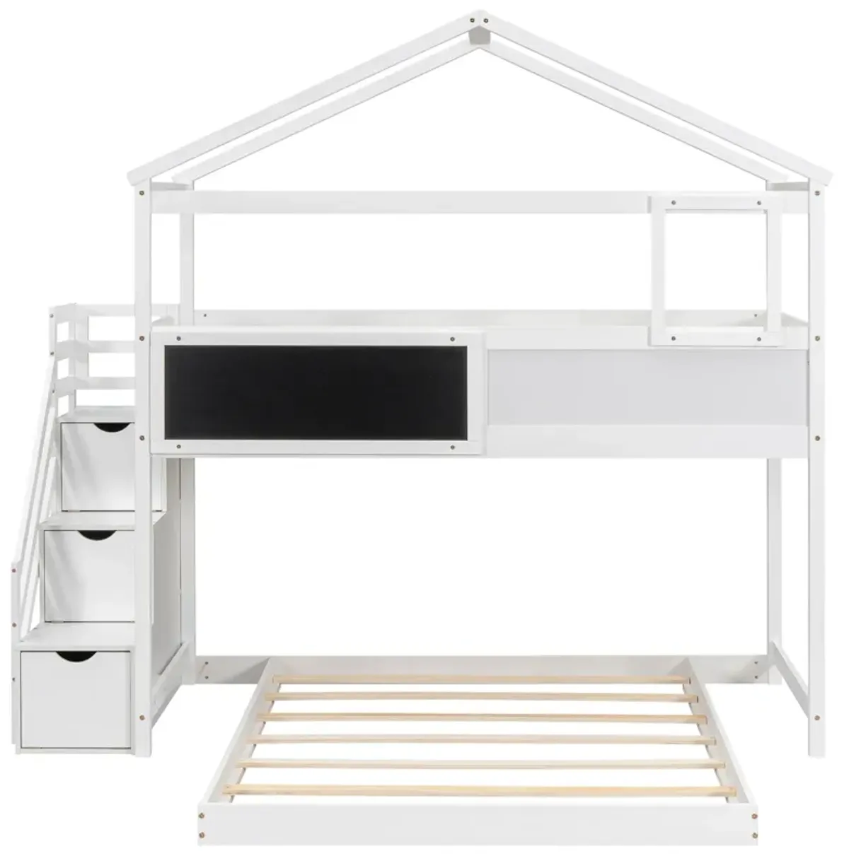 Twin Over Full House Bunk Bed With Storage Staircase And Blackboard