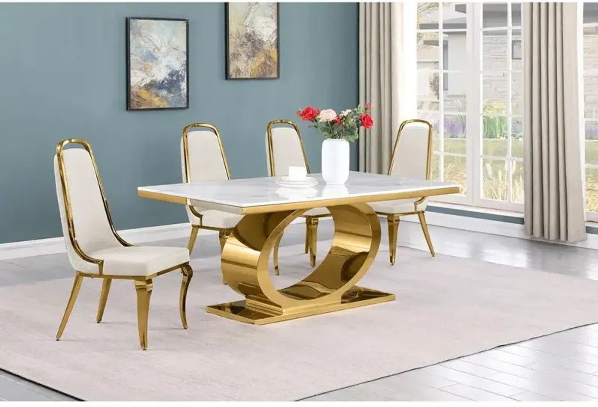 5pc Small(68") marble top dining set with gold base and 4 Cream side chairs