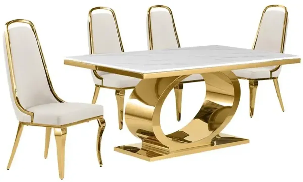 5pc Small(68") marble top dining set with gold base and 4 Cream side chairs