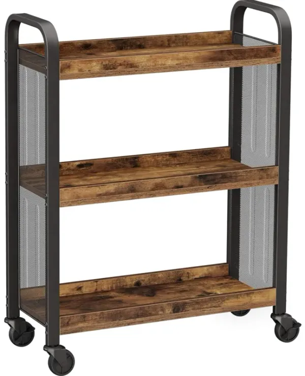 33 Inch Rolling Kitchen Bar Cart, 3 Shelves, Black Steel Brown Wood - Benzara