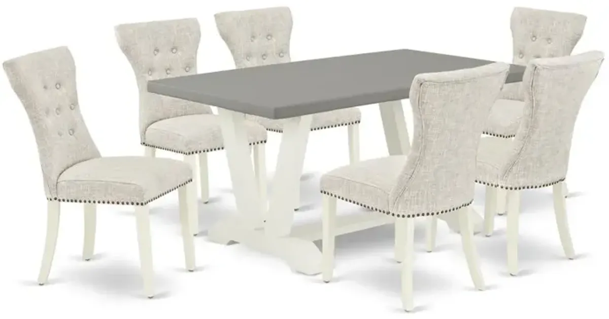 East West Furniture 7-Piece Dining Set- 6 Parson Dining Chairs with Doeskin Linen Fabric Seat and Button Tufted Chair Back - Rectangular Table Top & Wooden Legs - Cement and Linen White Finish