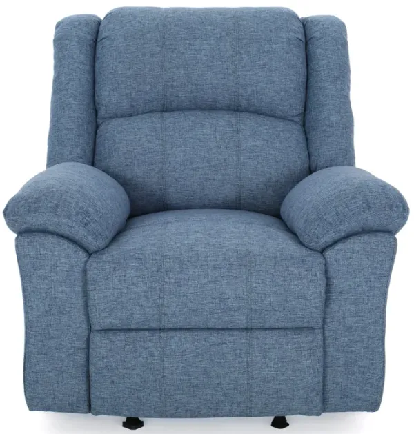 Glider Recliner Chair, Pillow Top Arms, Compact Profile, Blue Fabric - Benzara