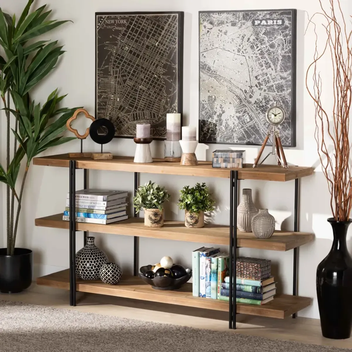 Baxton Studio Tarah Natural Brown Finished Wood And Black Finished Metal Console Table