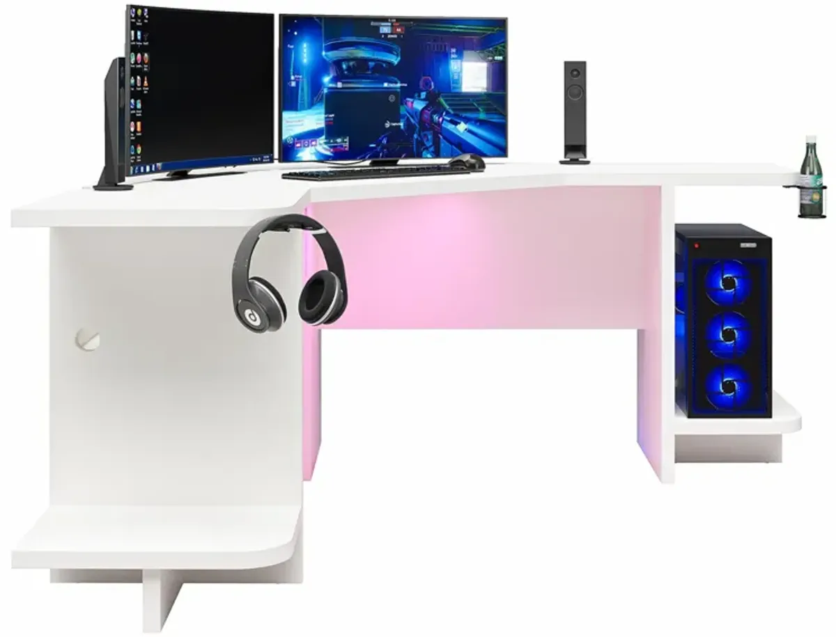 Mod Corner Gaming Desk with LED Light Kit, White