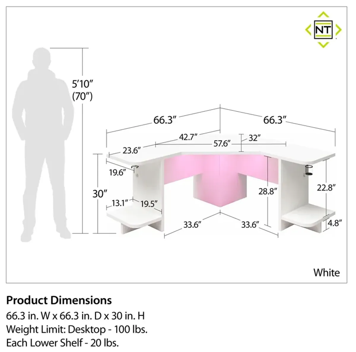 Mod Corner Gaming Desk with LED Light Kit, White