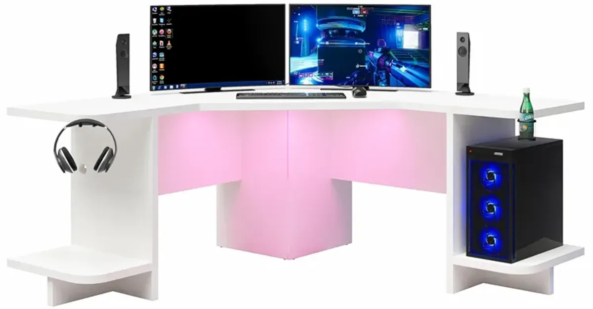 Mod Corner Gaming Desk with LED Light Kit, White