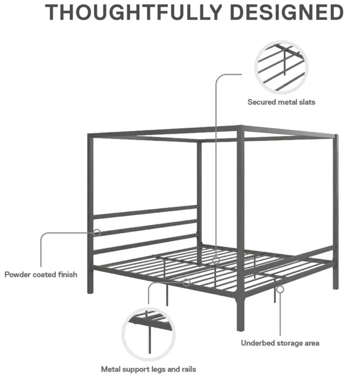 Modern Canopy Metal Bed, King, Gray