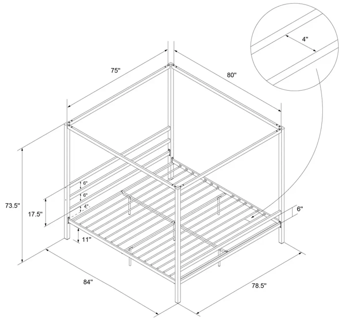 Modern Canopy Metal Bed, King, Gray