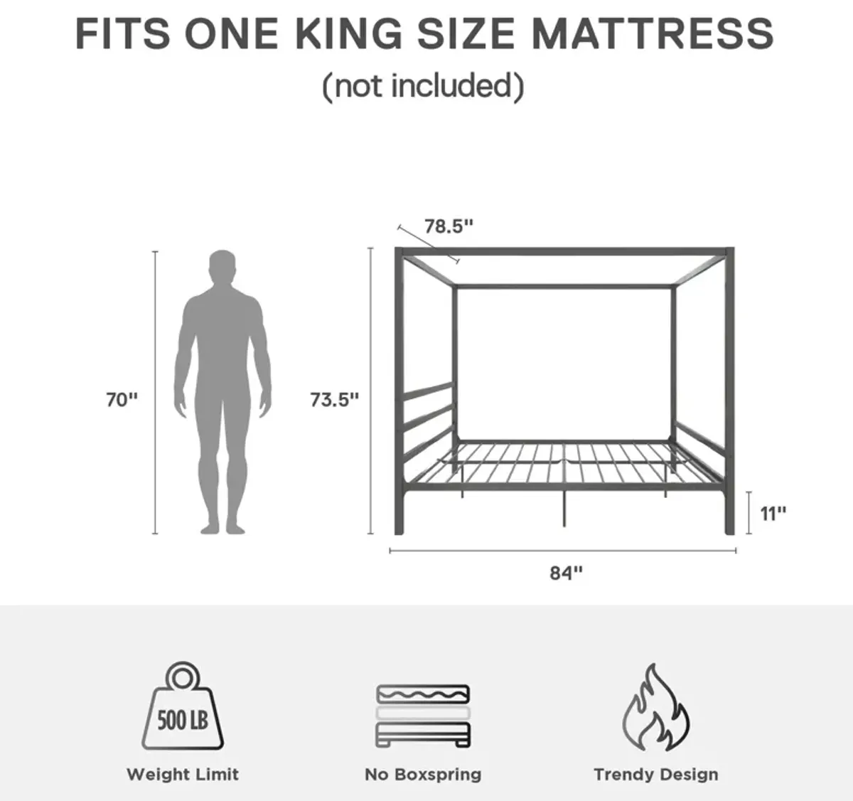 Modern Canopy Metal Bed, King, Gray