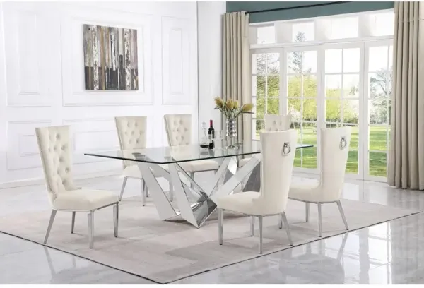7pc Large(94") glass top dining set with silver base and 6 Cream side chairs