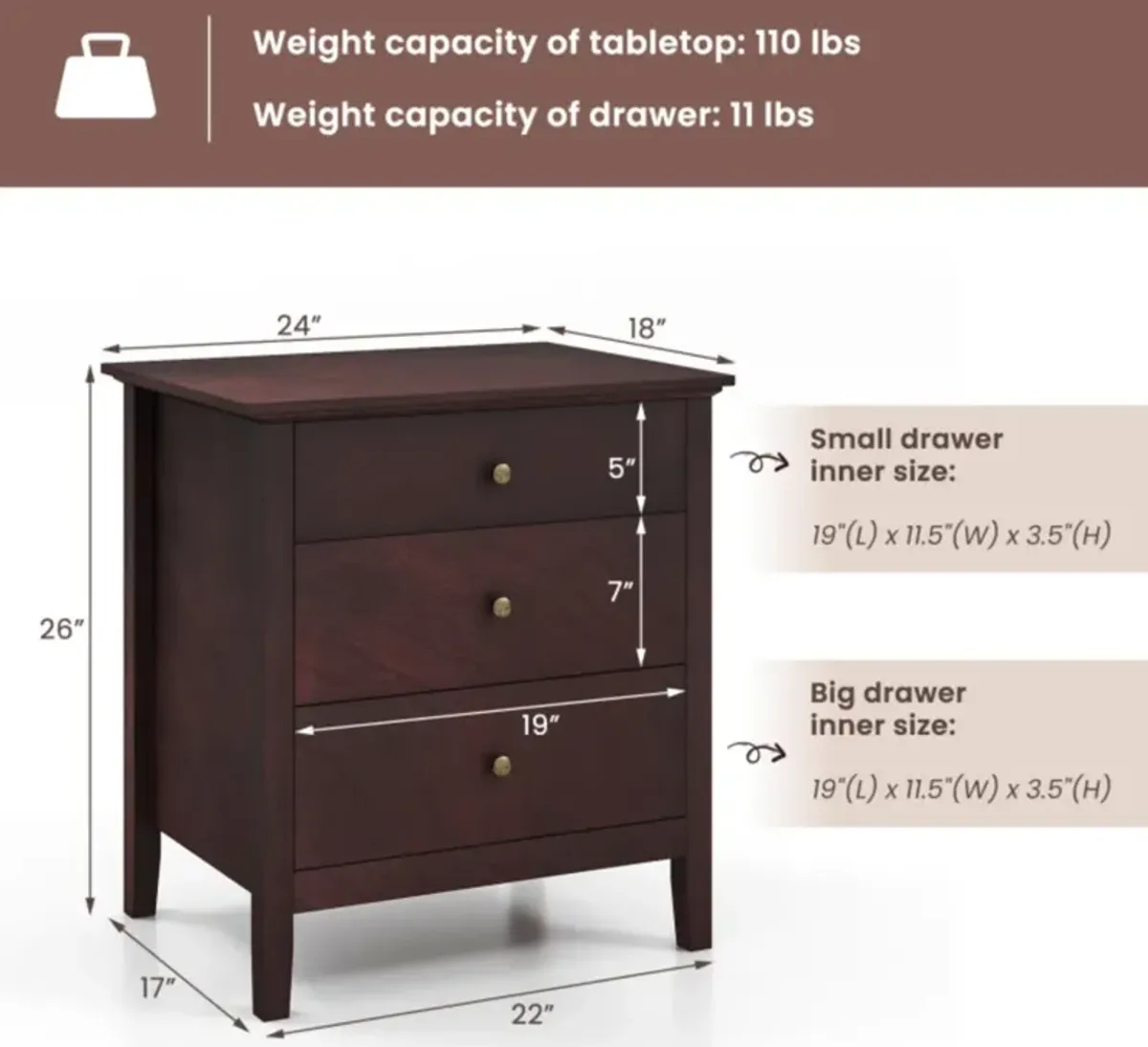 Hivvago 3 Drawers Nightstand Beside End Side Table Accent Table