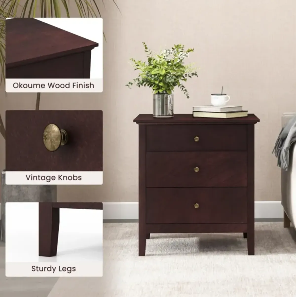 Hivvago 3 Drawers Nightstand Beside End Side Table Accent Table