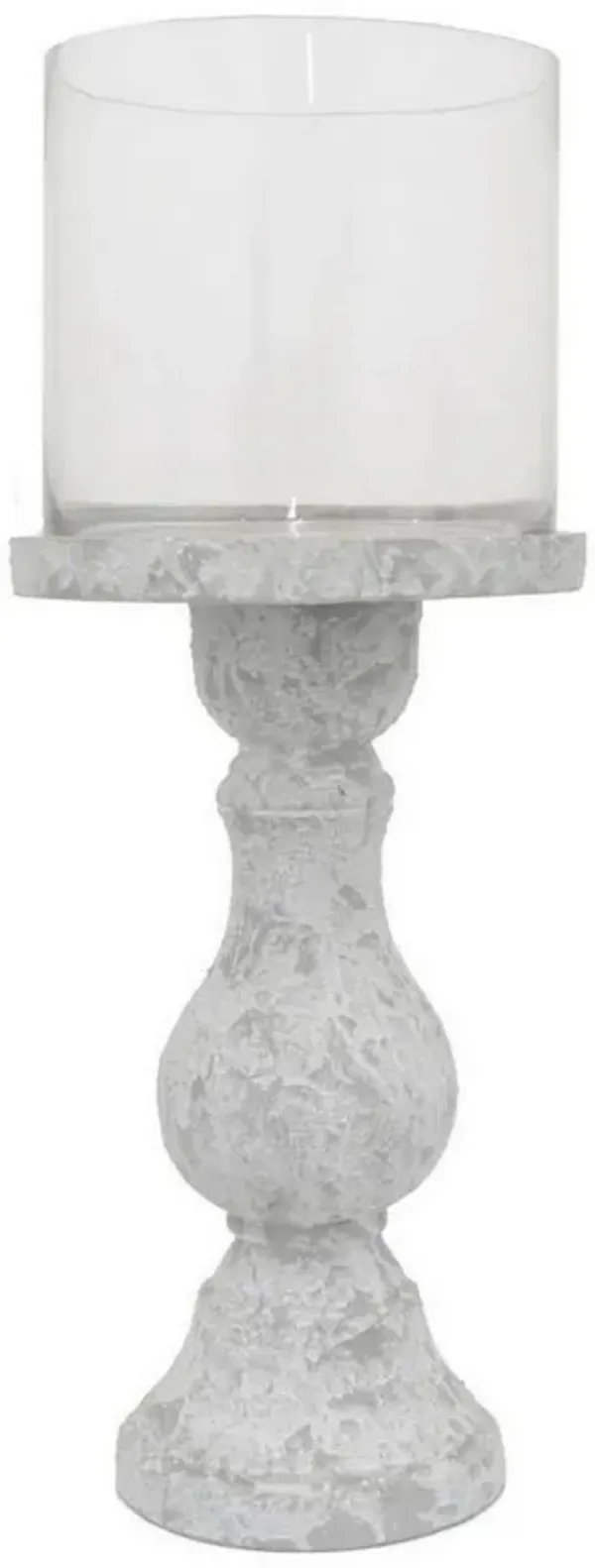 Kris Candle Holder, Hurricane Glass Top, White Gray Ceramic 15 Inch - Benzara