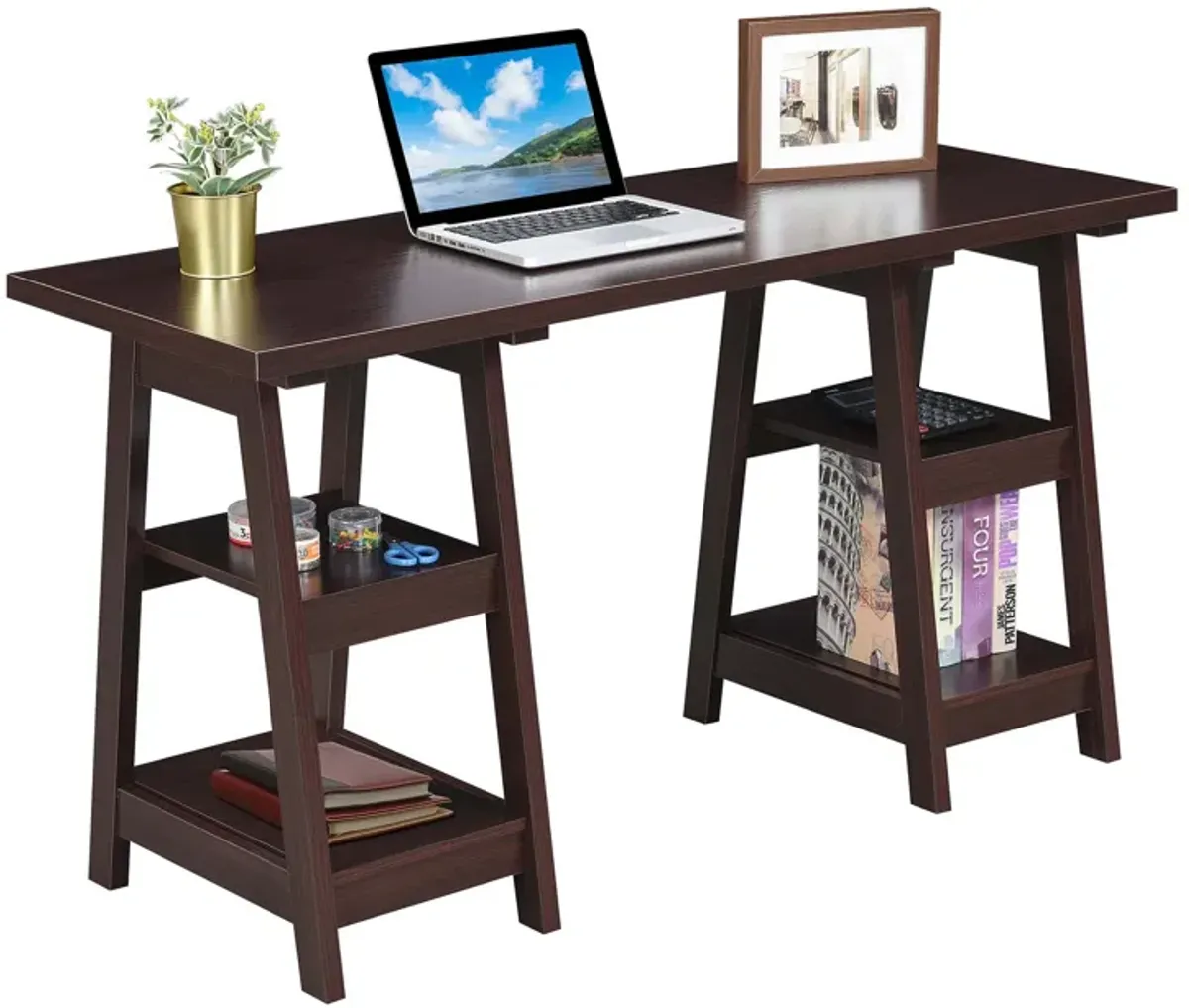 Convenience Concepts Designs2Go Double Trestle Desk with Shelves