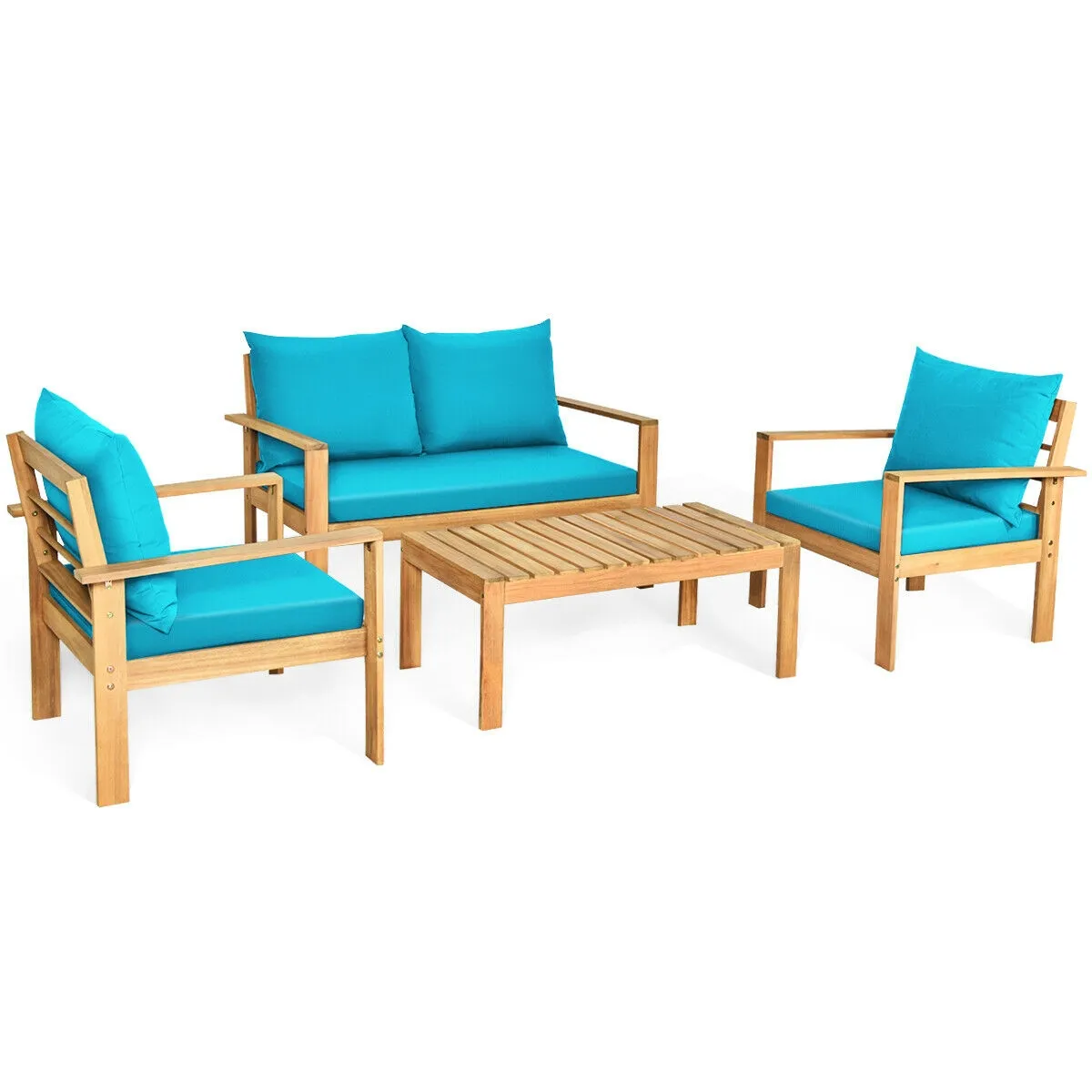 Outdoor 4 Pieces Acacia Wood Chat Set with Water Resistant Cushions-Red