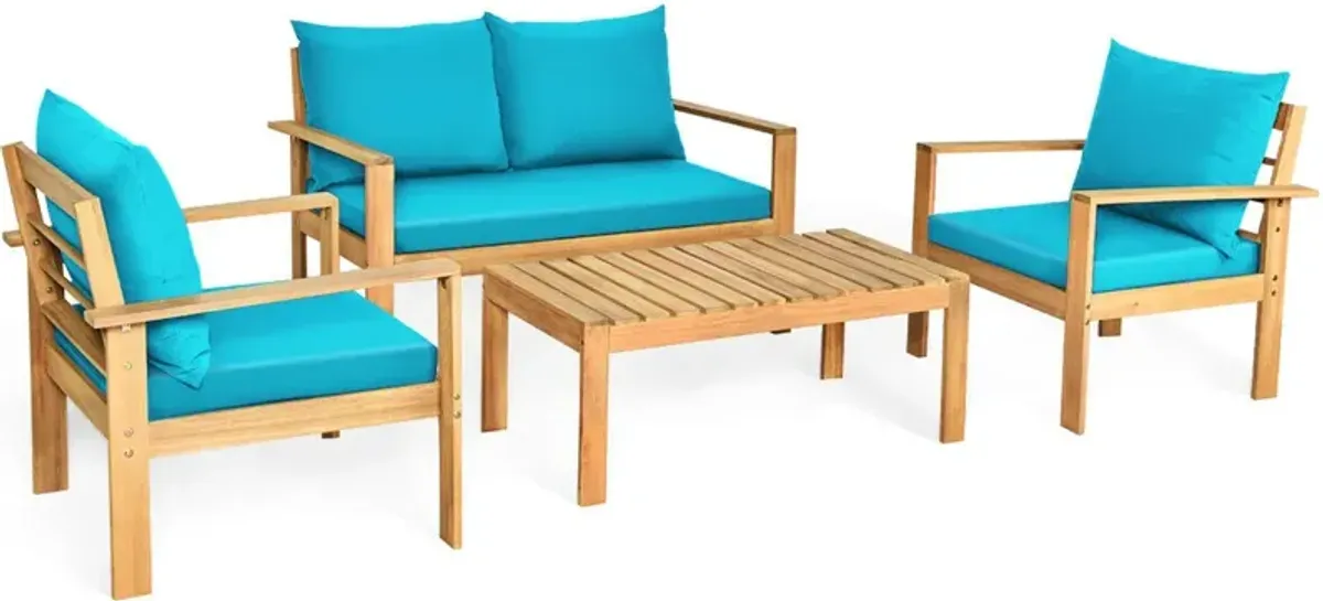 Outdoor 4 Pieces Acacia Wood Chat Set with Water Resistant Cushions-Red