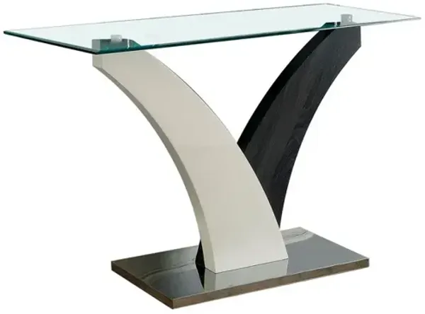 Sofa Table with Curved V Base and Rectangular Glass Top, White and Gray - Benzara