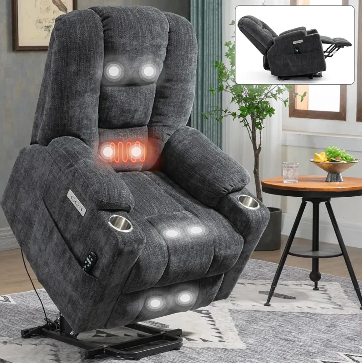 Mondawe Large Power Lift Recliner Chair with Massage and Heat for Elderly, Overstuffed Wide Recliners with USB and Type C Ports