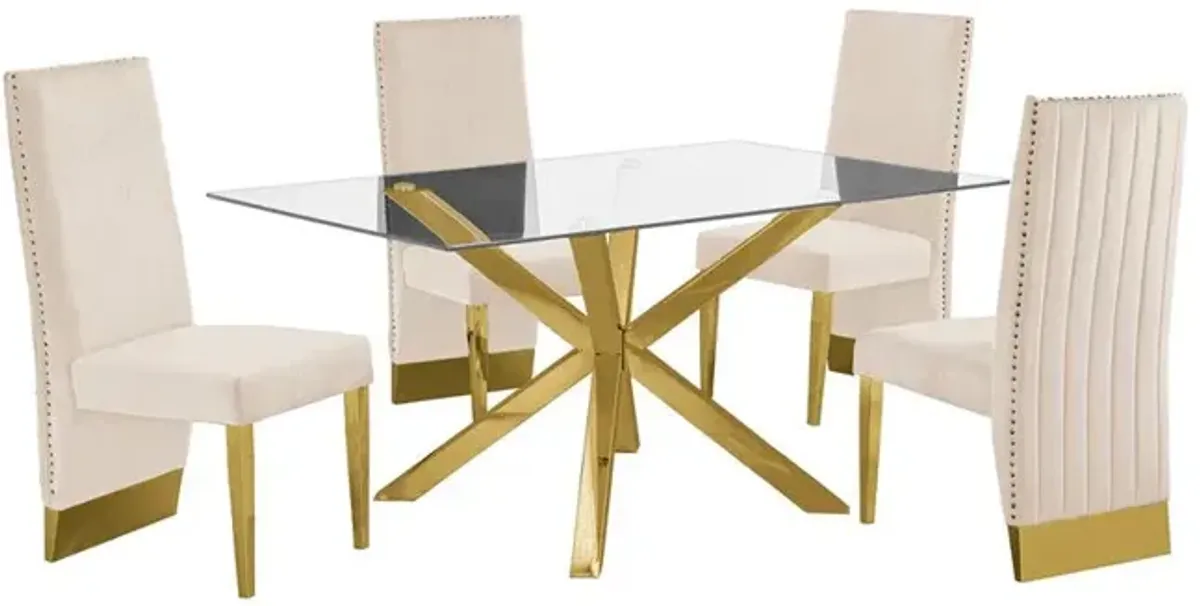 Contemporary 5pc Dining Set, Glass Dining Table w/Stainless Steel Gold Base & Velvet Pleated Chrome Support Dining Chairs, Beige