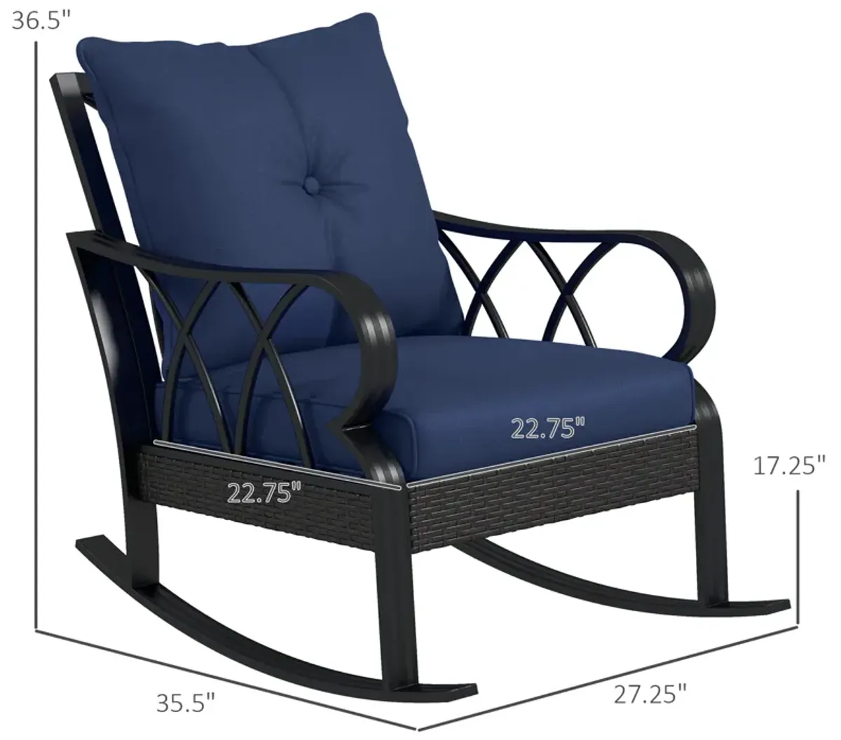 Outsunny Outdoor Wicker Rocking Chair with Padded Cushions, Aluminum Furniture, Rattan Porch Rocker Chair w/ Armrest for Garden, Patio, and Backyard, Navy Blue