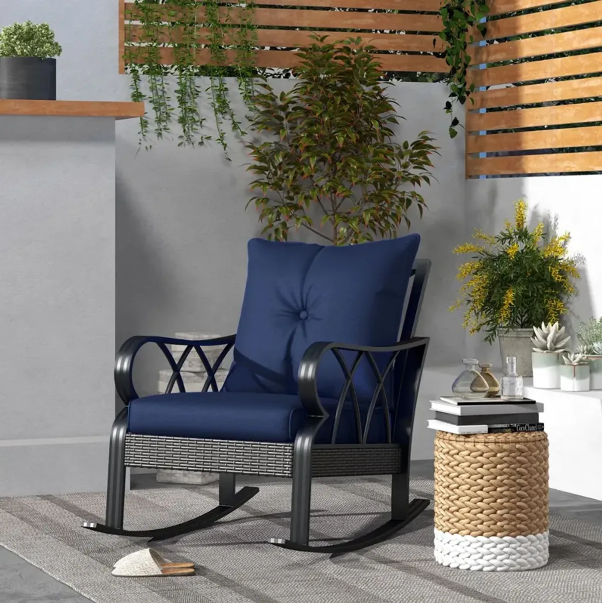 Outsunny Outdoor Wicker Rocking Chair with Padded Cushions, Aluminum Furniture, Rattan Porch Rocker Chair w/ Armrest for Garden, Patio, and Backyard, Navy Blue