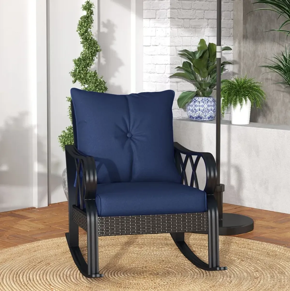 Outsunny Outdoor Wicker Rocking Chair with Padded Cushions, Aluminum Furniture, Rattan Porch Rocker Chair w/ Armrest for Garden, Patio, and Backyard, Navy Blue