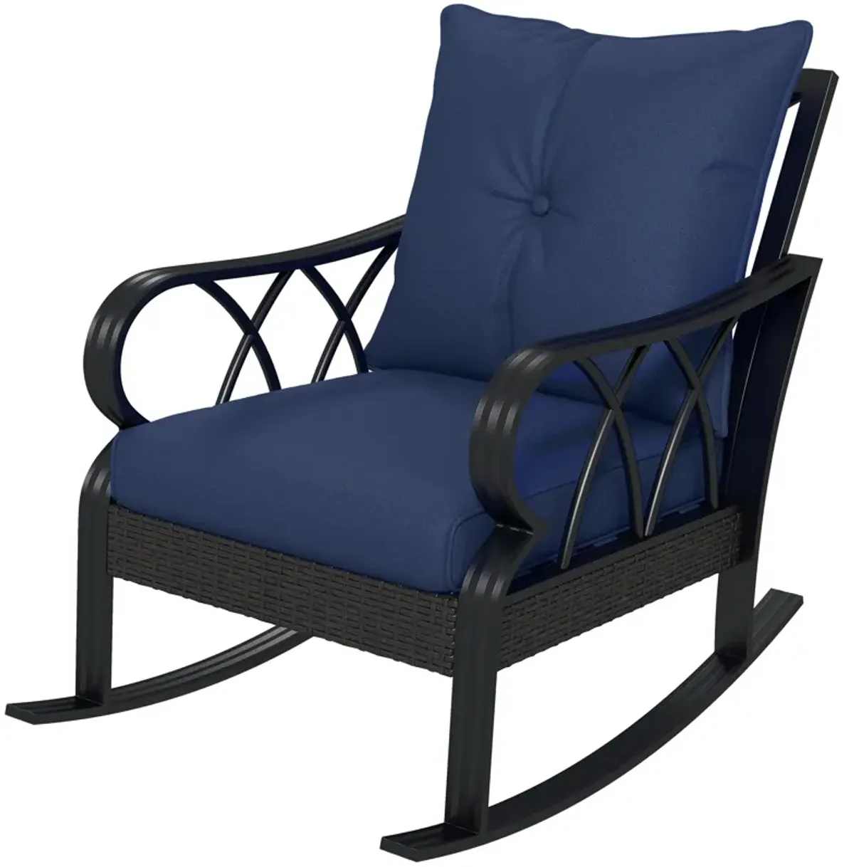 Outsunny Outdoor Wicker Rocking Chair with Padded Cushions, Aluminum Furniture, Rattan Porch Rocker Chair w/ Armrest for Garden, Patio, and Backyard, Navy Blue