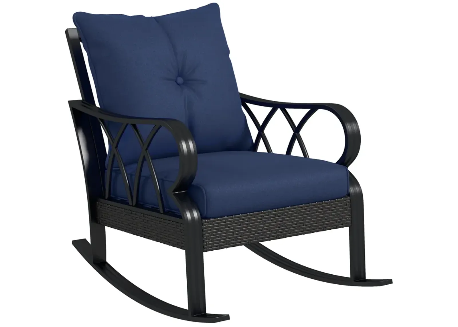 Outsunny Outdoor Wicker Rocking Chair with Padded Cushions, Aluminum Furniture, Rattan Porch Rocker Chair w/ Armrest for Garden, Patio, and Backyard, Navy Blue