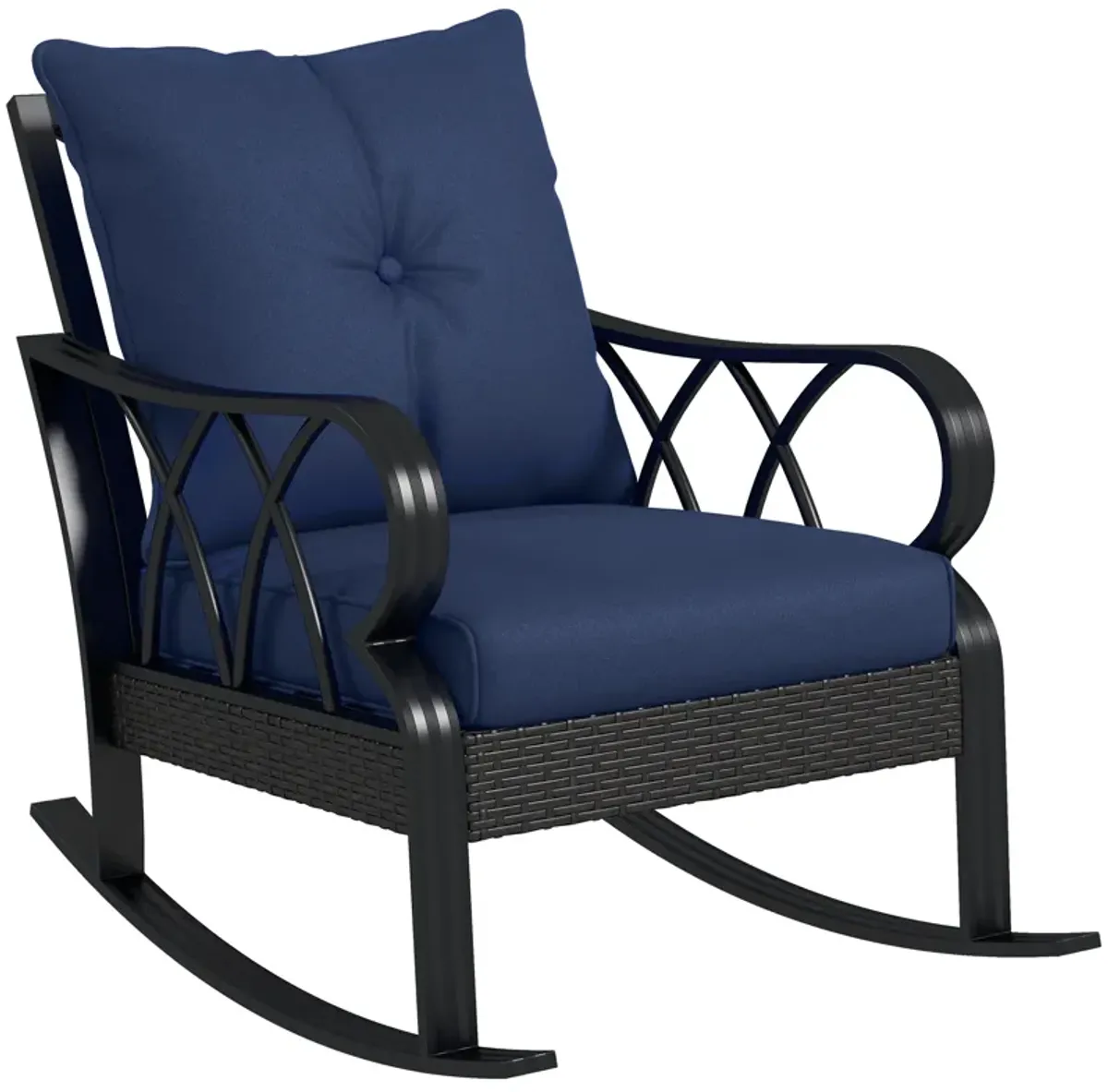 Outsunny Outdoor Wicker Rocking Chair with Padded Cushions, Aluminum Furniture, Rattan Porch Rocker Chair w/ Armrest for Garden, Patio, and Backyard, Navy Blue