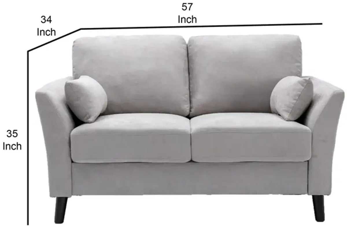 Otto 57 Inch Loveseat, Throw Pillows, Padded Cushions, Gray Velvet Fabric-Benzara