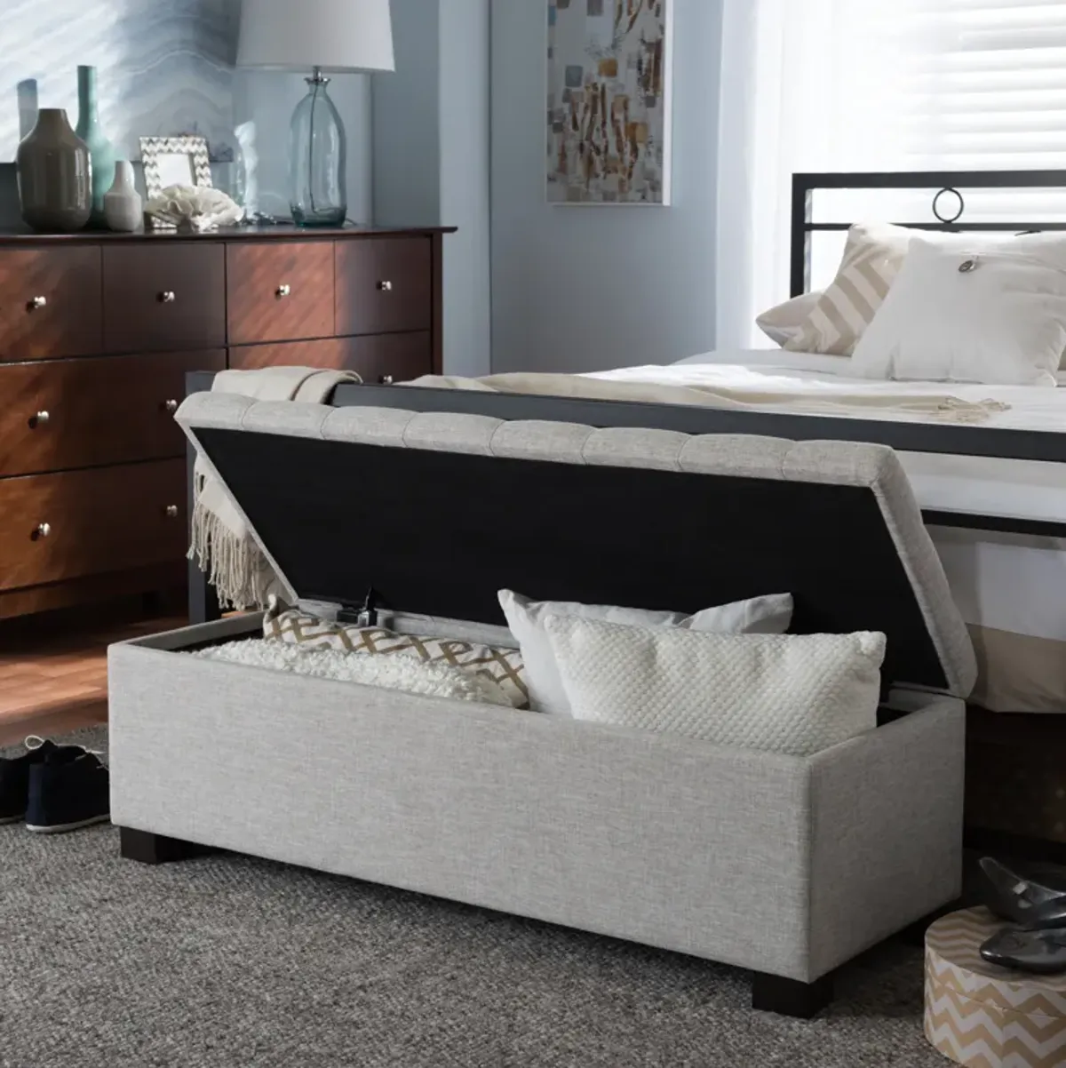Baxton Studio Roanoke Modern Cream Fabric Upholstered Grid Tufting Storage Ottoman Bench