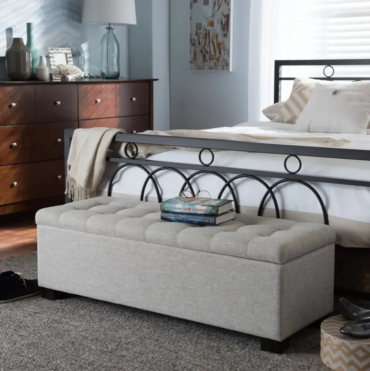 Baxton Studio Roanoke Modern Cream Fabric Upholstered Grid Tufting Storage Ottoman Bench