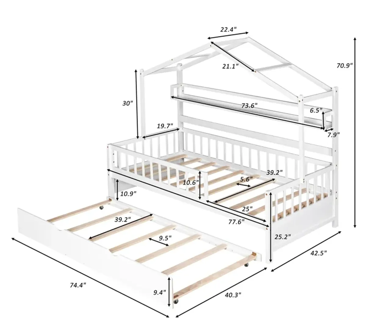 Merax Wooden House Bed with Twin Size Trundle