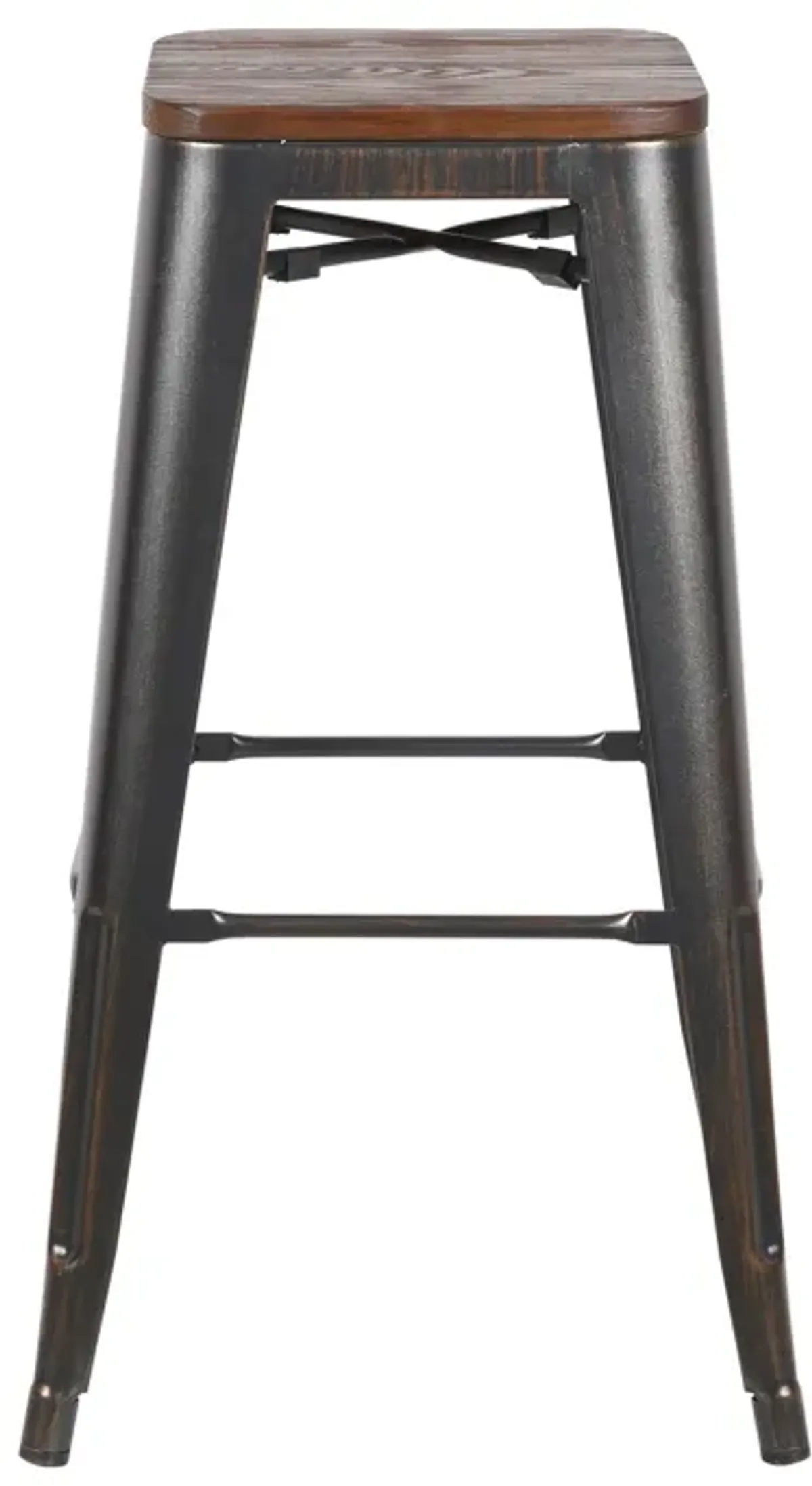 Set of Four Rustic Cafe Wood and Steel Bar Stools