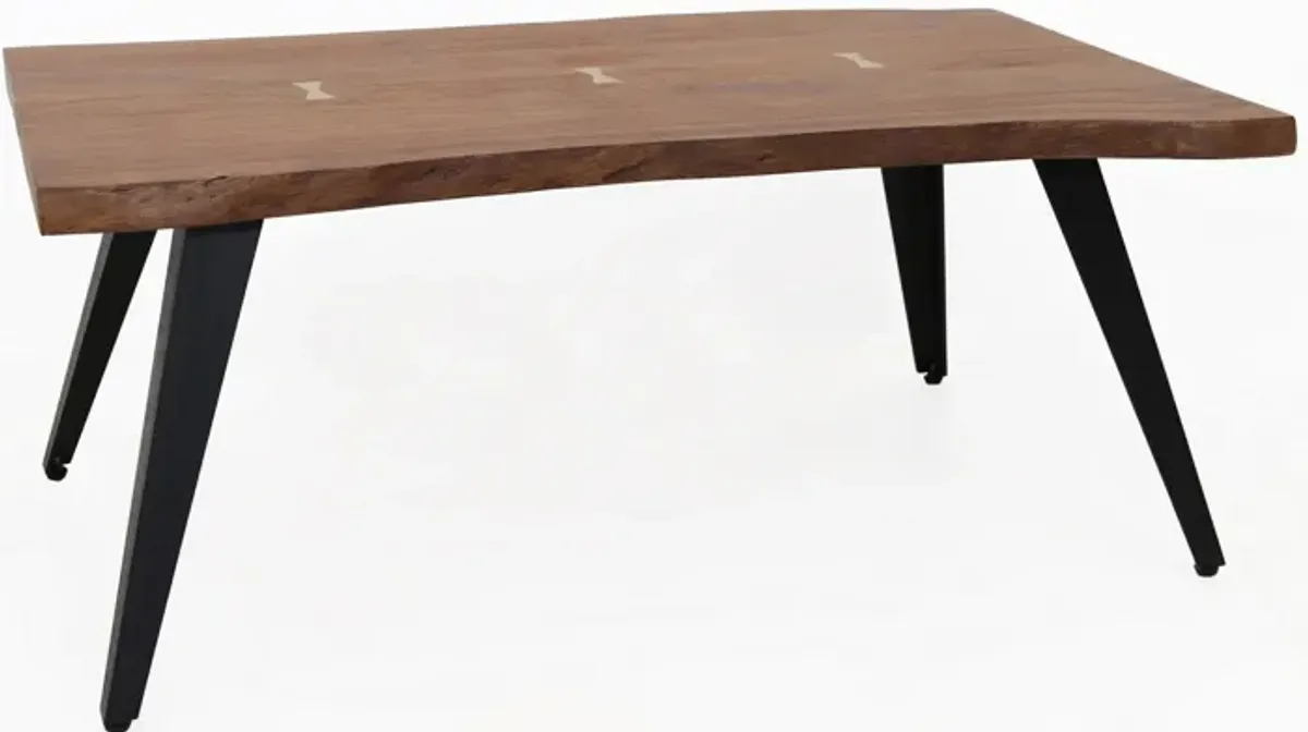 47 Inch Coffee Table, Live Edge Acacia Wood with Iron Legs, Brown, Black-Benzara