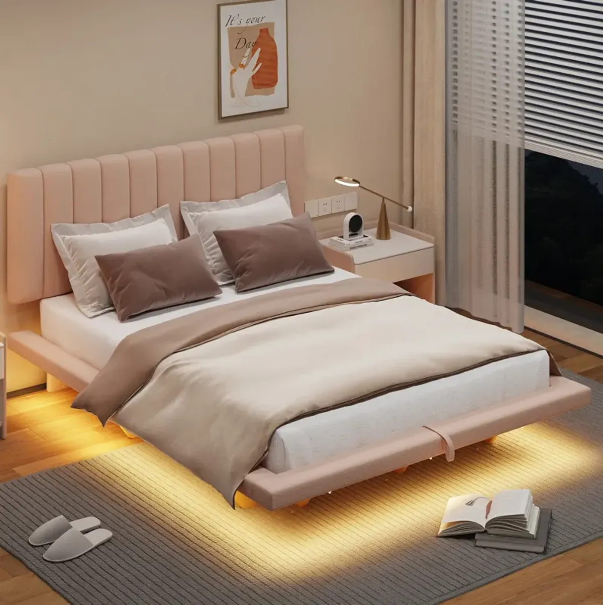 Merax Floating  Platform Bed with LED Light  and USB Port