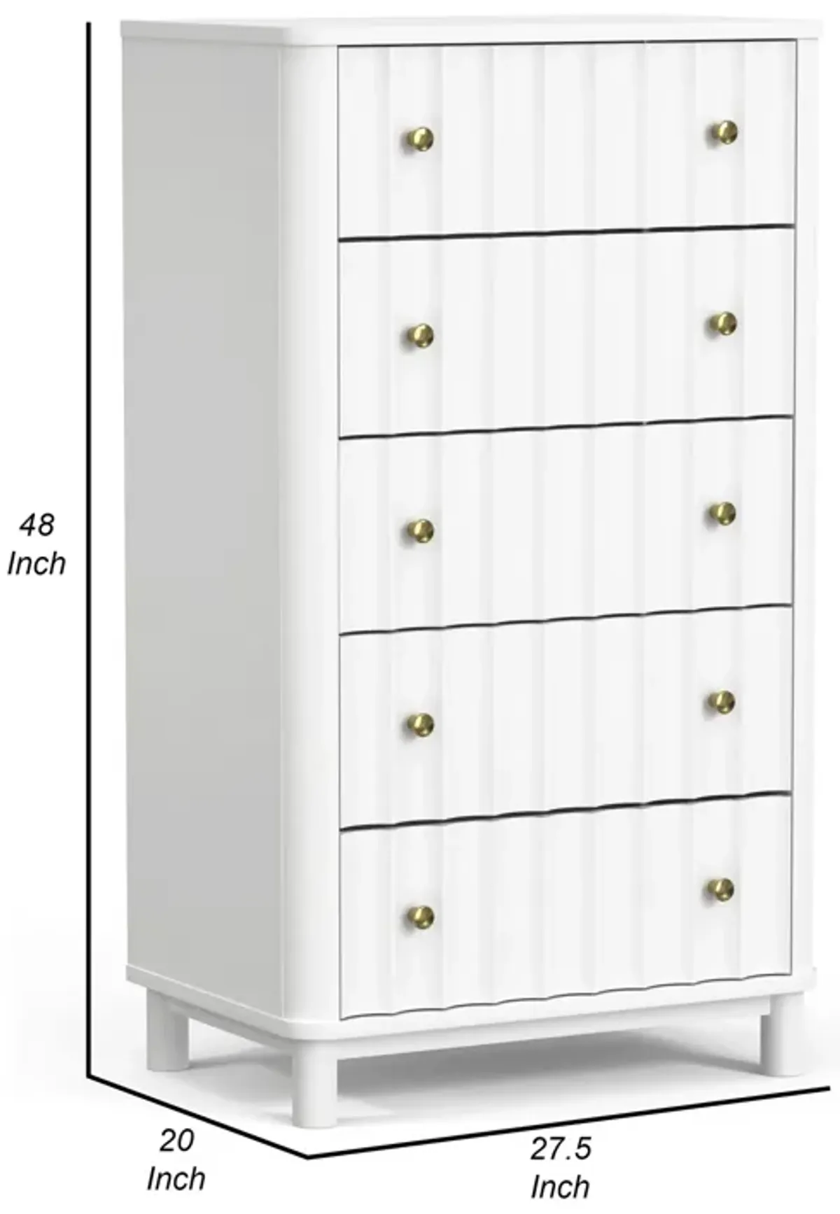 Aya 48 Inch Tall 5 Drawer Dresser Chest, Scalloped Motif Front, White Wood-Benzara