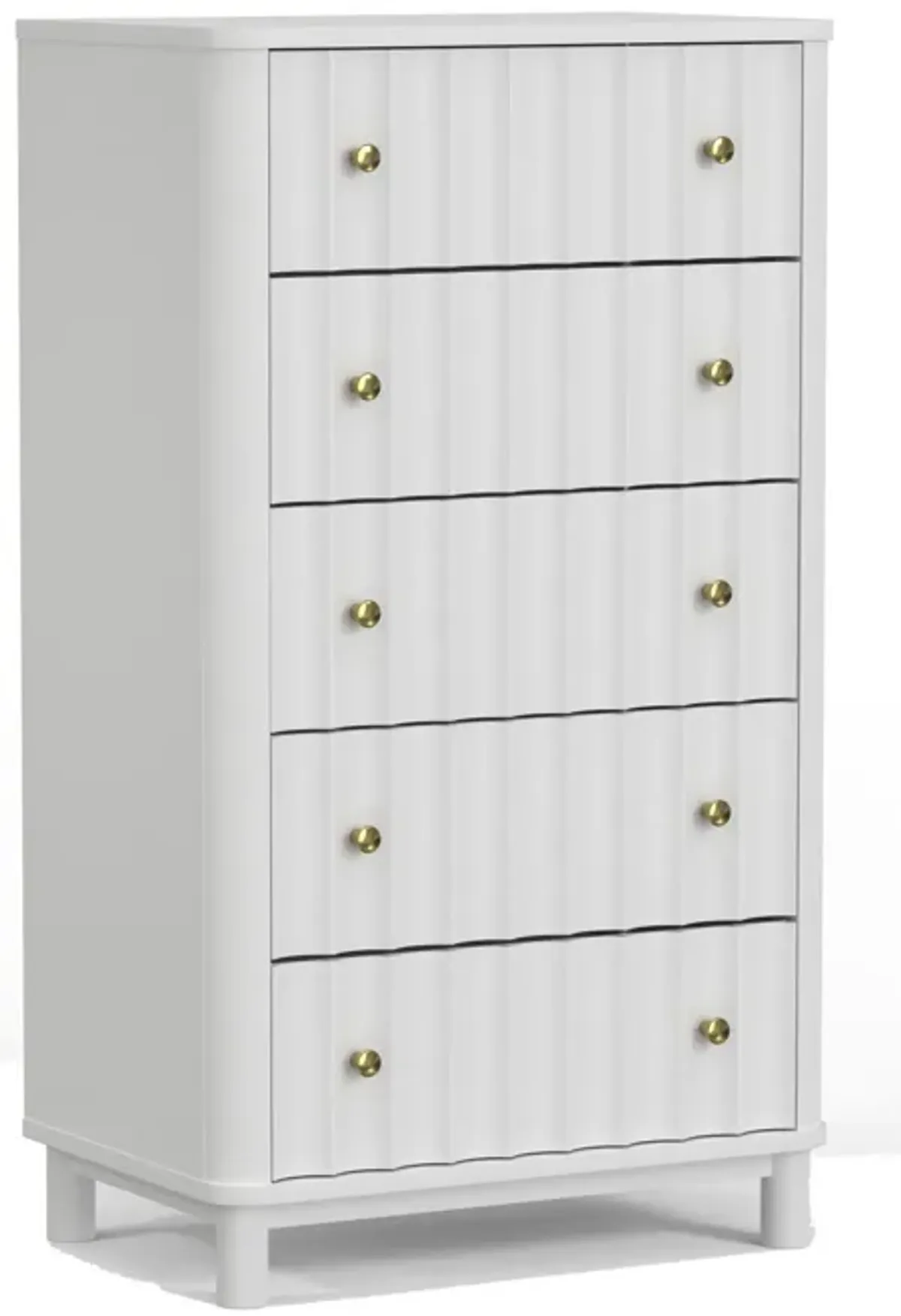 Aya 48 Inch Tall 5 Drawer Dresser Chest, Scalloped Motif Front, White Wood-Benzara