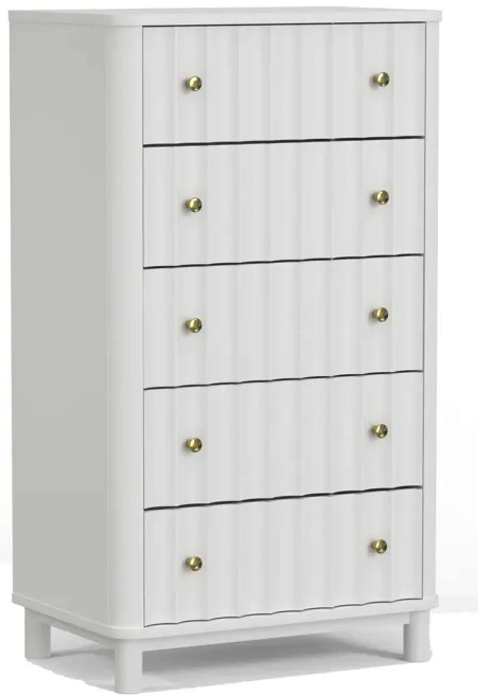 Aya 48 Inch Tall 5 Drawer Dresser Chest, Scalloped Motif Front, White Wood-Benzara