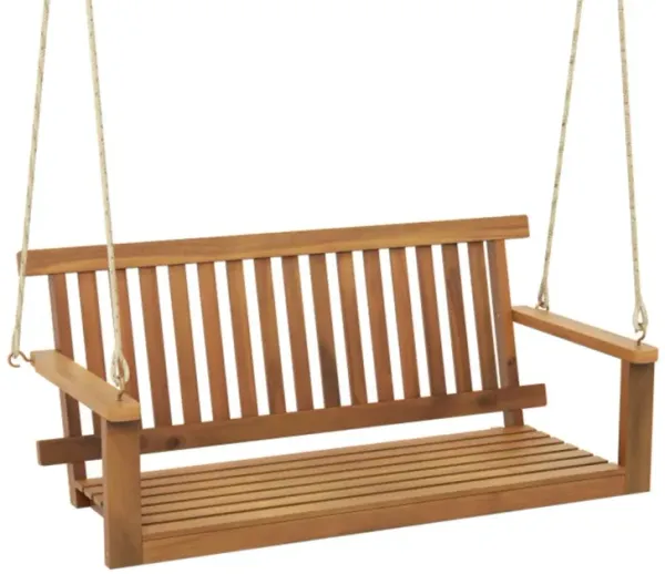 Hivvago 2-Seat Acacia Wood Porch Swing Bench with 2 Hanging Hemp Ropes