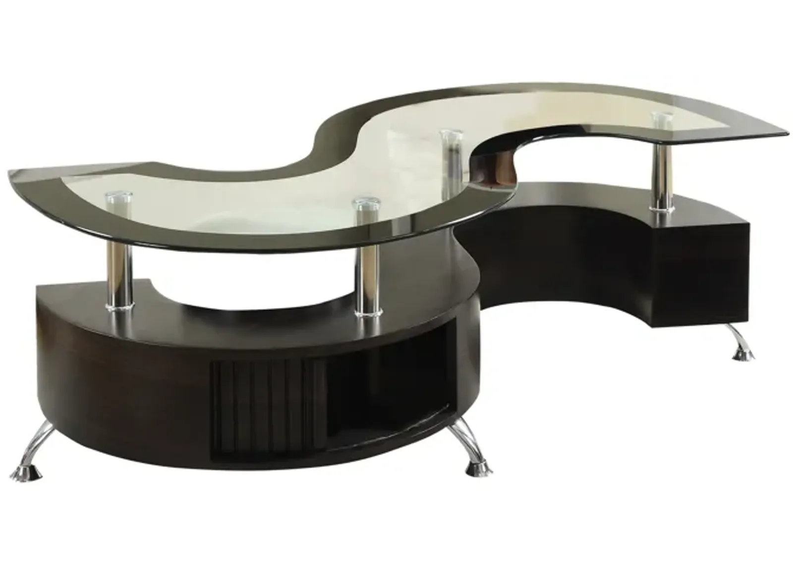 S Shape Contemporary Wood Base Coffee Table with Glass Top,Silver and Brown-Benzara