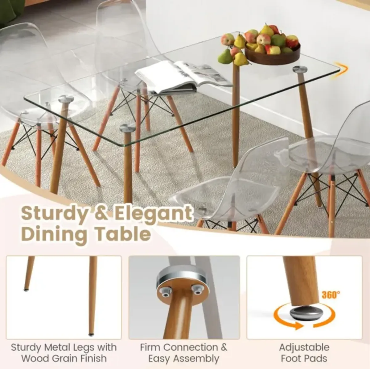 Hivvago 5 Pieces Rectangle Dining Table Set with 51 Inch Glass Tabletop