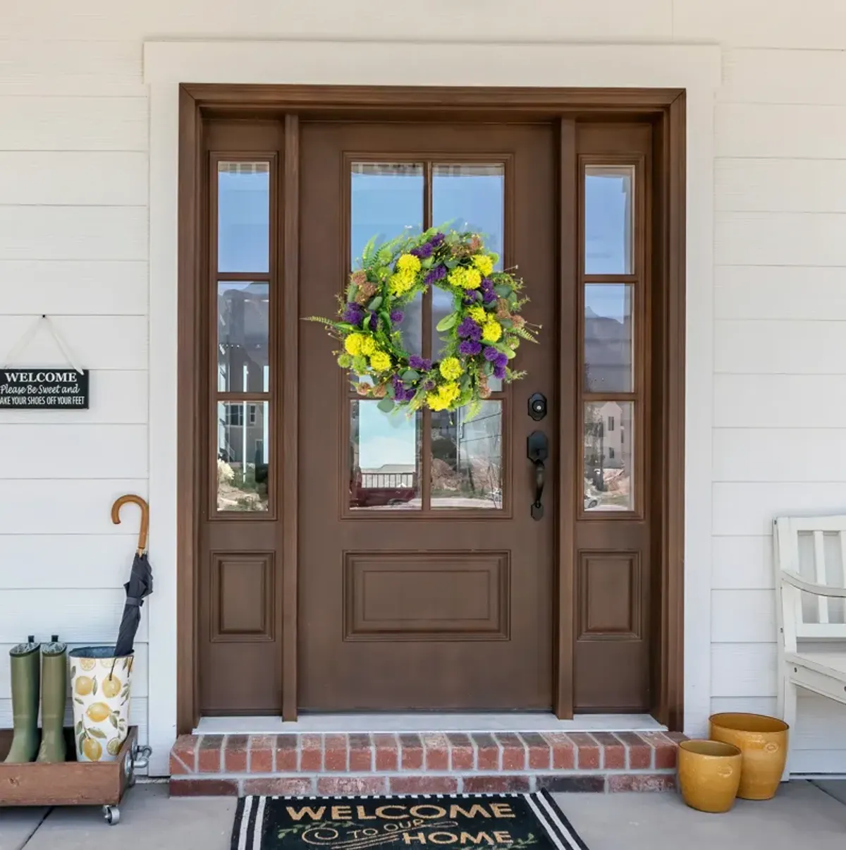 Mixed Foliage and Thistle Spring Wreath - 22" - Yellow and Purple