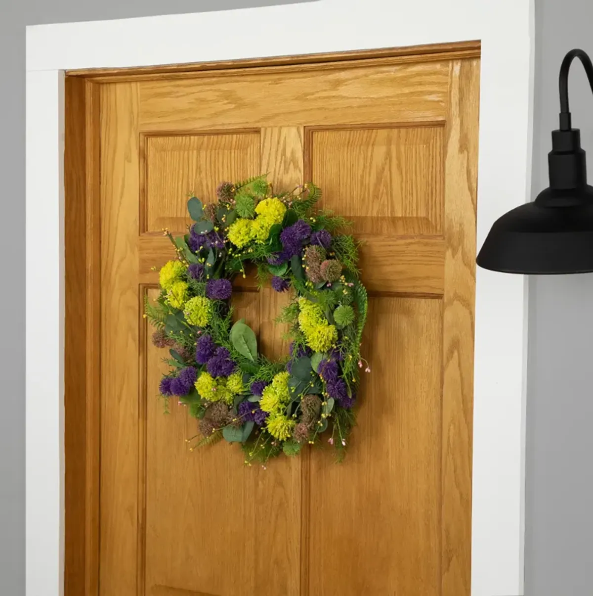 Mixed Foliage and Thistle Spring Wreath - 22" - Yellow and Purple