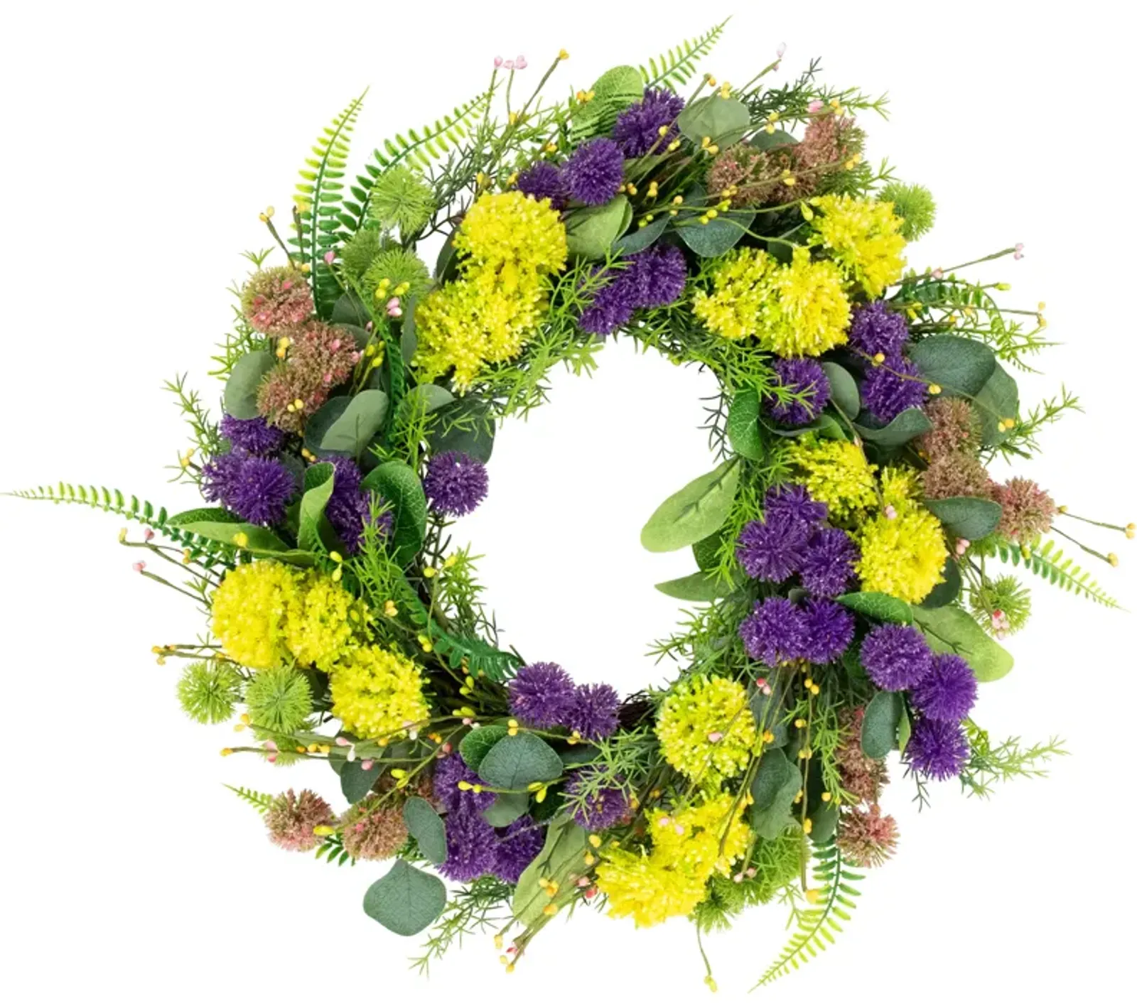 Mixed Foliage and Thistle Spring Wreath - 22" - Yellow and Purple