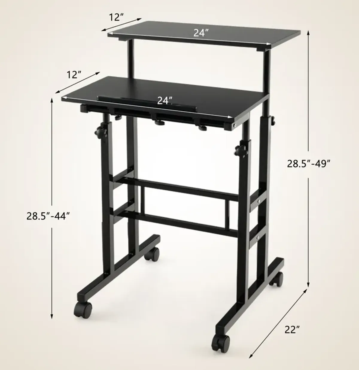 Height Adjustable Mobile Standing Desk with Rolling Wheels for Office and Home