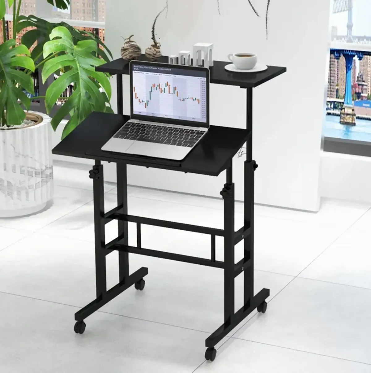 Height Adjustable Mobile Standing Desk with Rolling Wheels for Office and Home