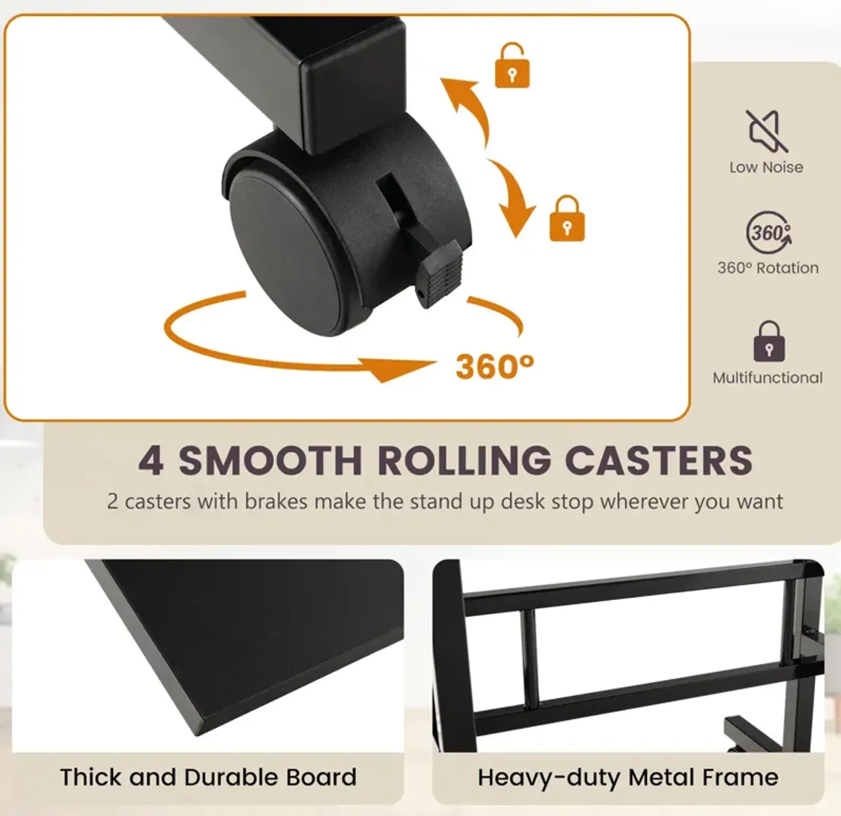 Height Adjustable Mobile Standing Desk with Rolling Wheels for Office and Home