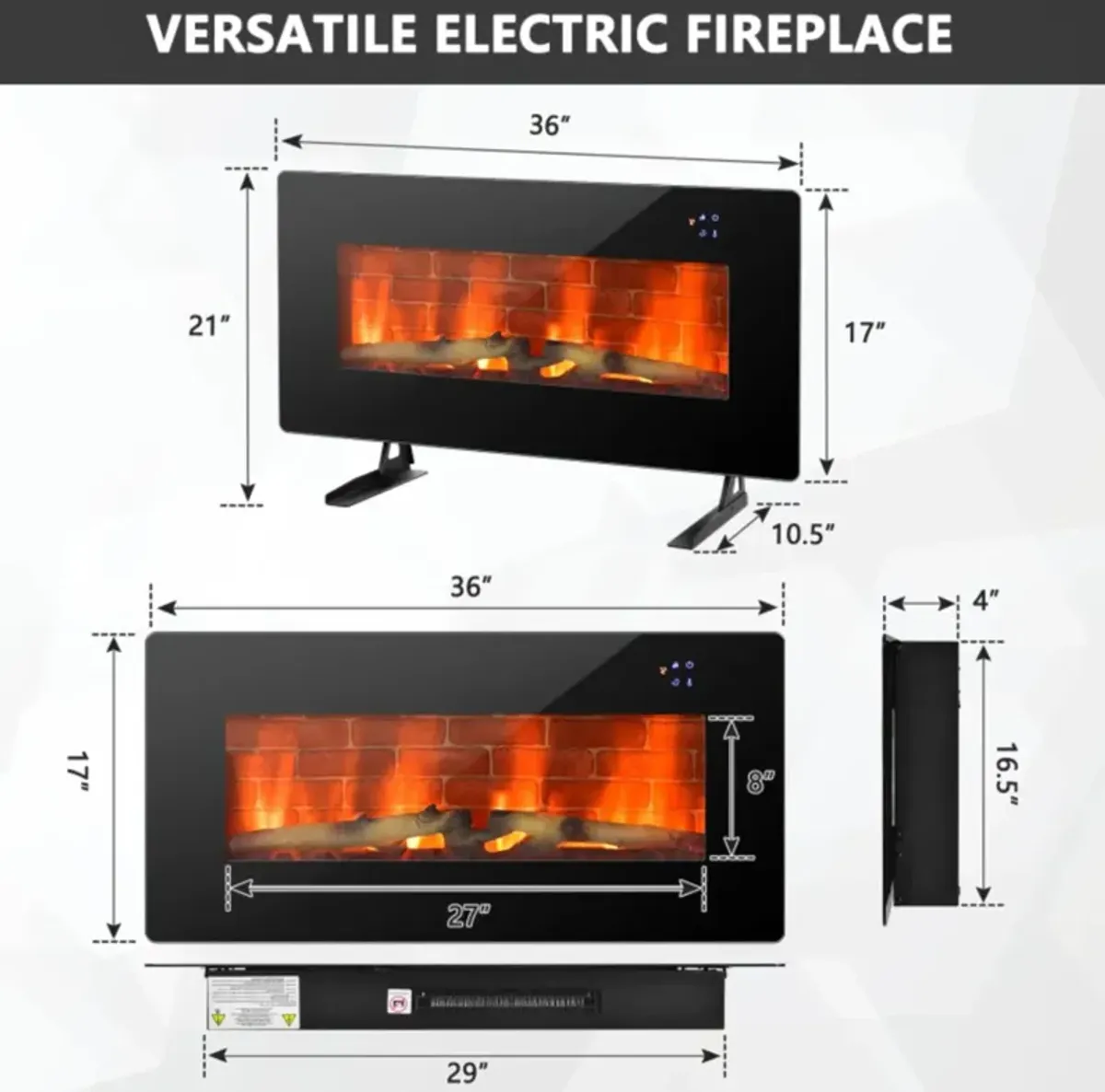 Hivvago 36 Inch Electric Wall Mounted Freestanding Fireplace with Remote Control-Black